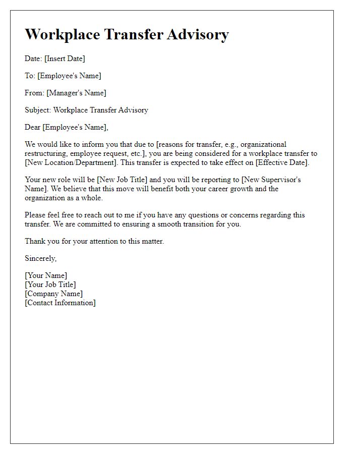 Letter template of workplace transfer advisory