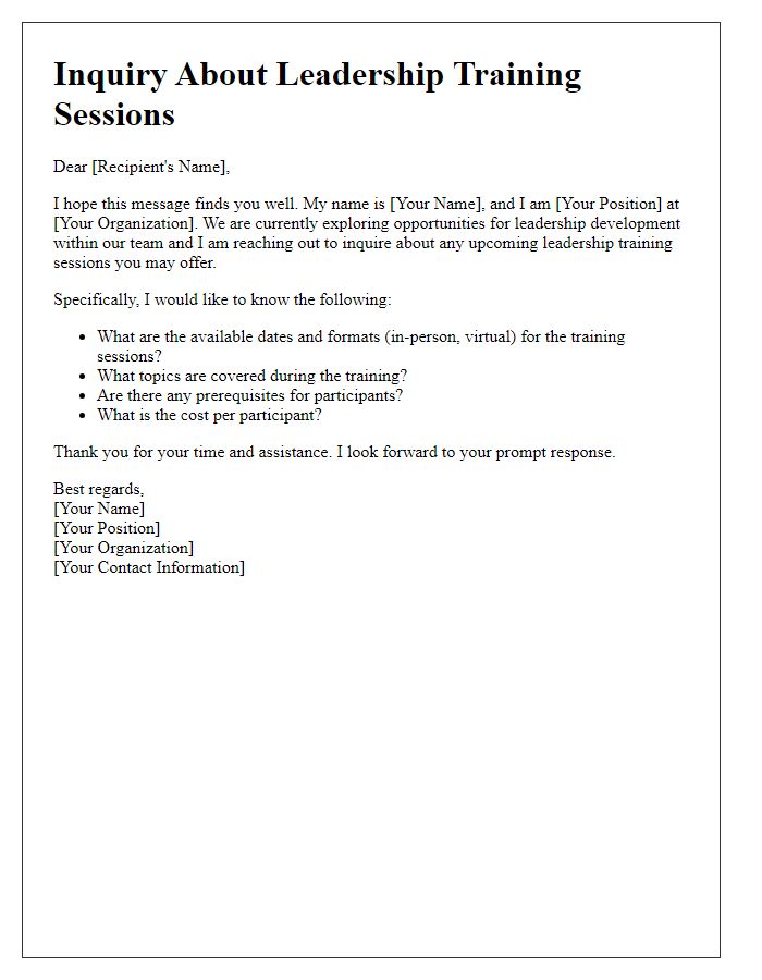 Letter template of inquiry about leadership training sessions