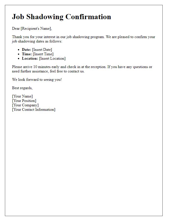 Letter template of confirmation for job shadowing dates