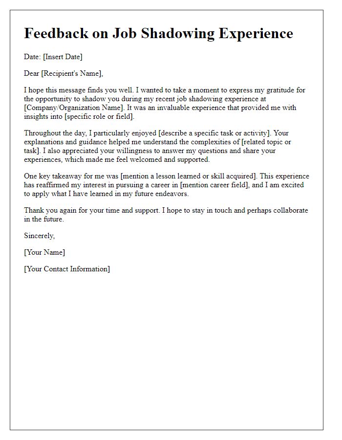 Letter template of feedback after job shadowing experience