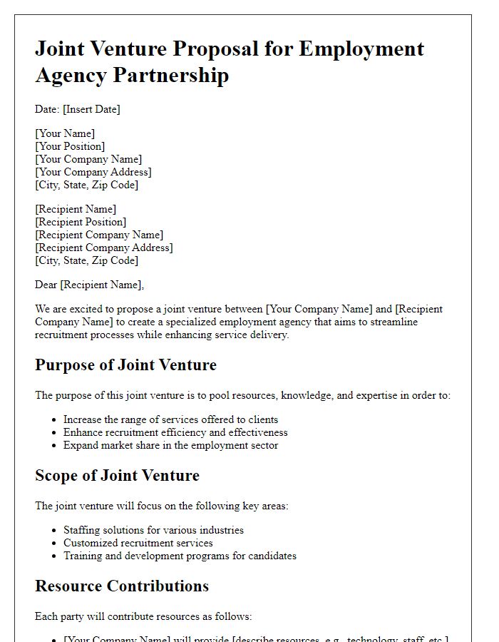 Letter template of joint venture outline for employment agency partnership