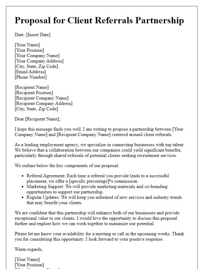 Letter template of potential client referrals proposal for employment agency partnership