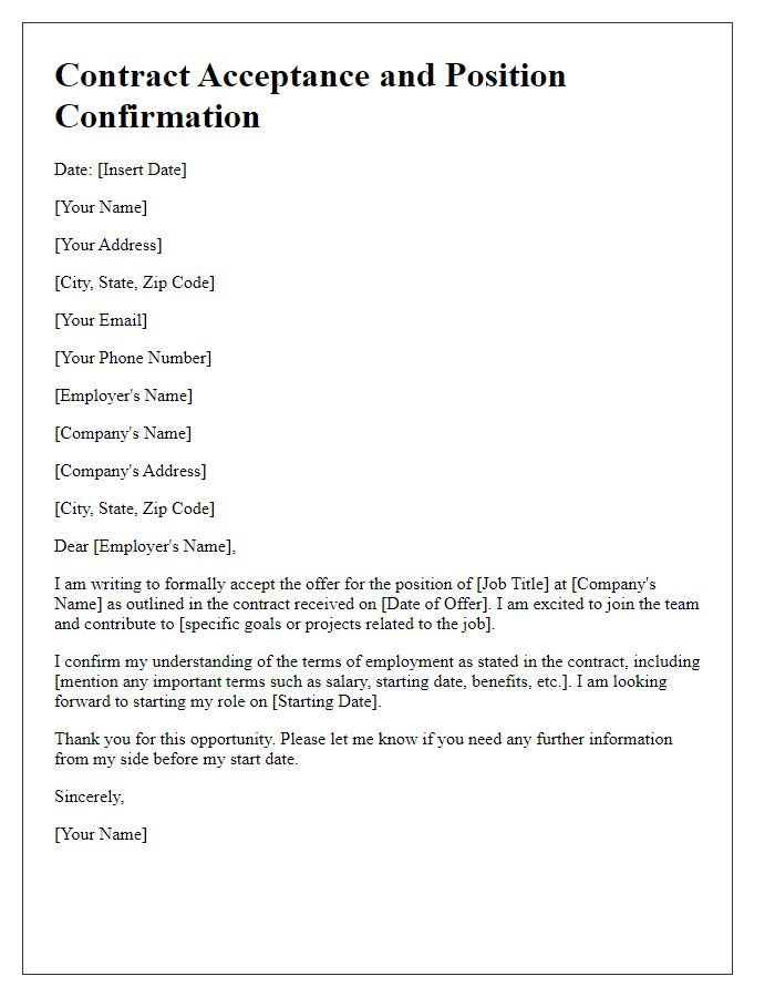 Letter template of contract acceptance and position confirmation