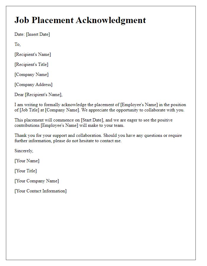 Letter template of official job placement acknowledgment