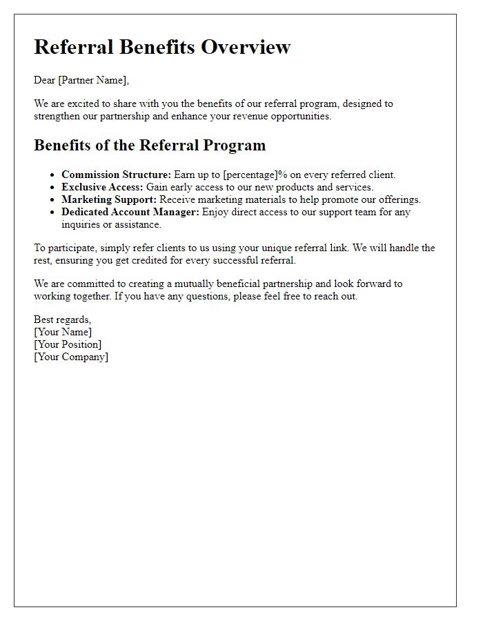 Letter template of referral benefits overview for partners