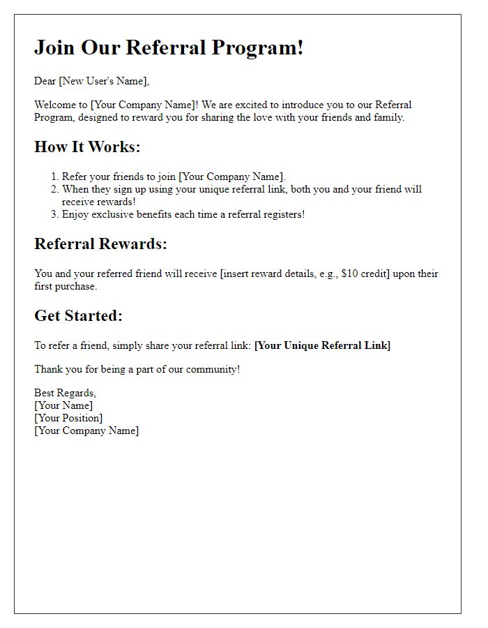 Letter template of referral program details for new users