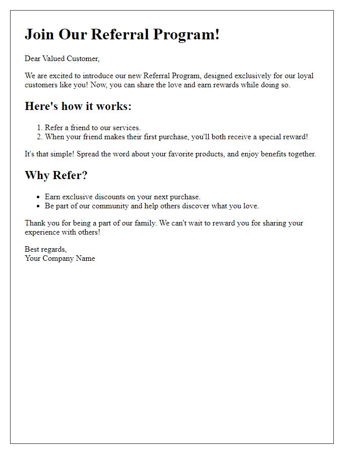 Letter template of referral program introduction for existing customers