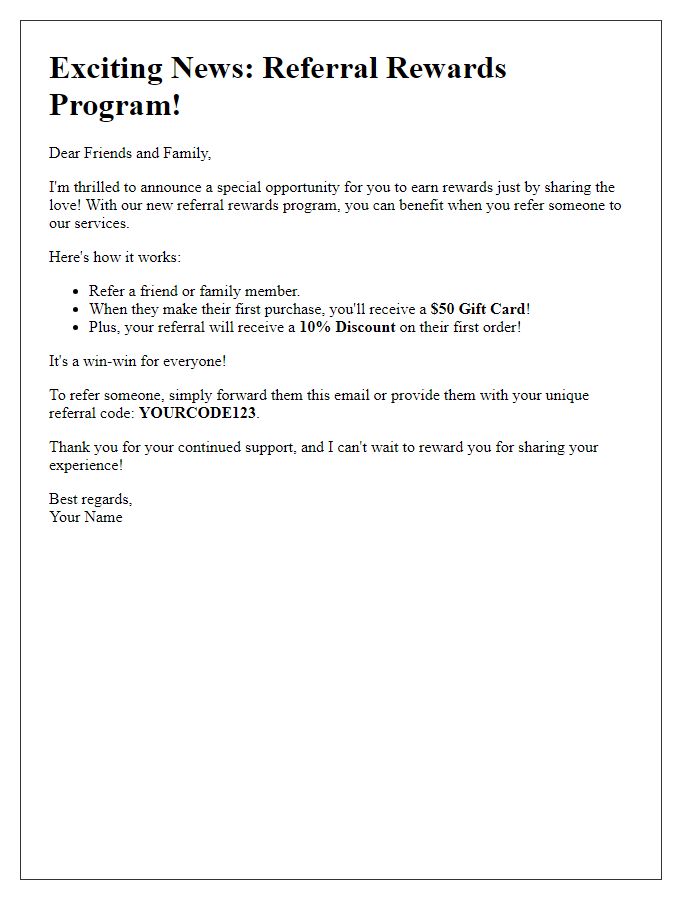Letter template of referral rewards announcement for friends and family
