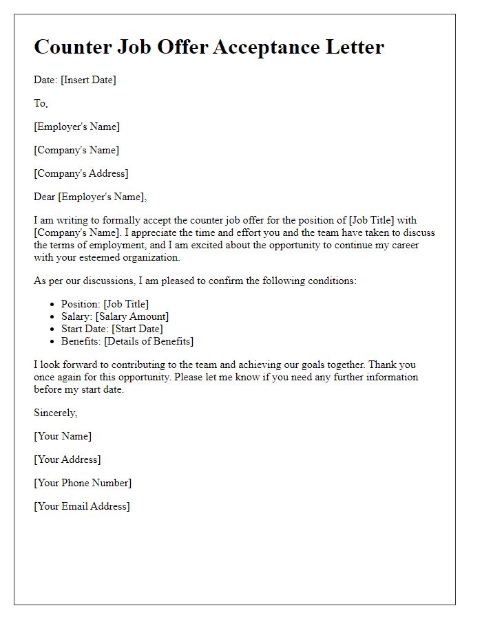 Letter template of conditions for accepting counter job offer