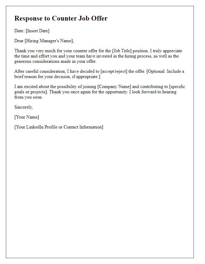 Letter template of professional response to counter job offer