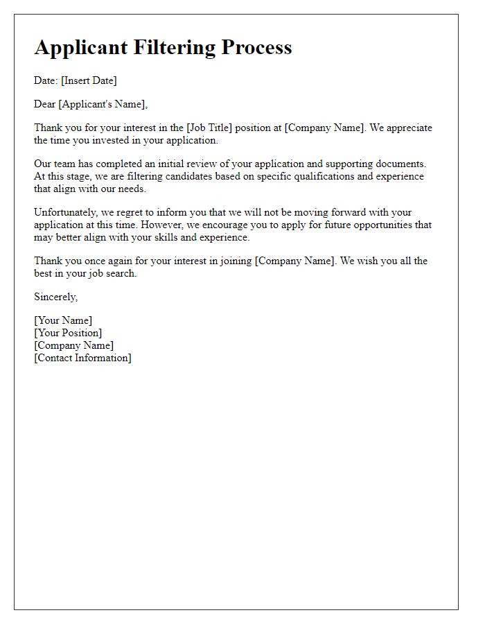 Letter template of applicant filtering process