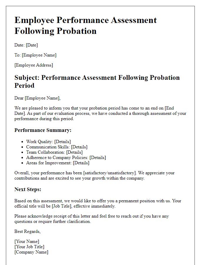 Letter template of Employee Performance Assessment Following Probation