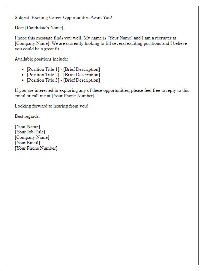 Letter template of a brief recruiter introduction email outlining available positions.