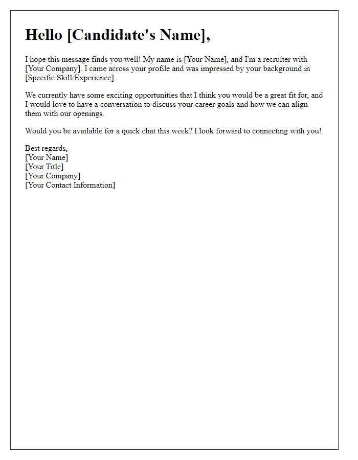 Letter template of a friendly recruiter introduction email to potential job seekers.