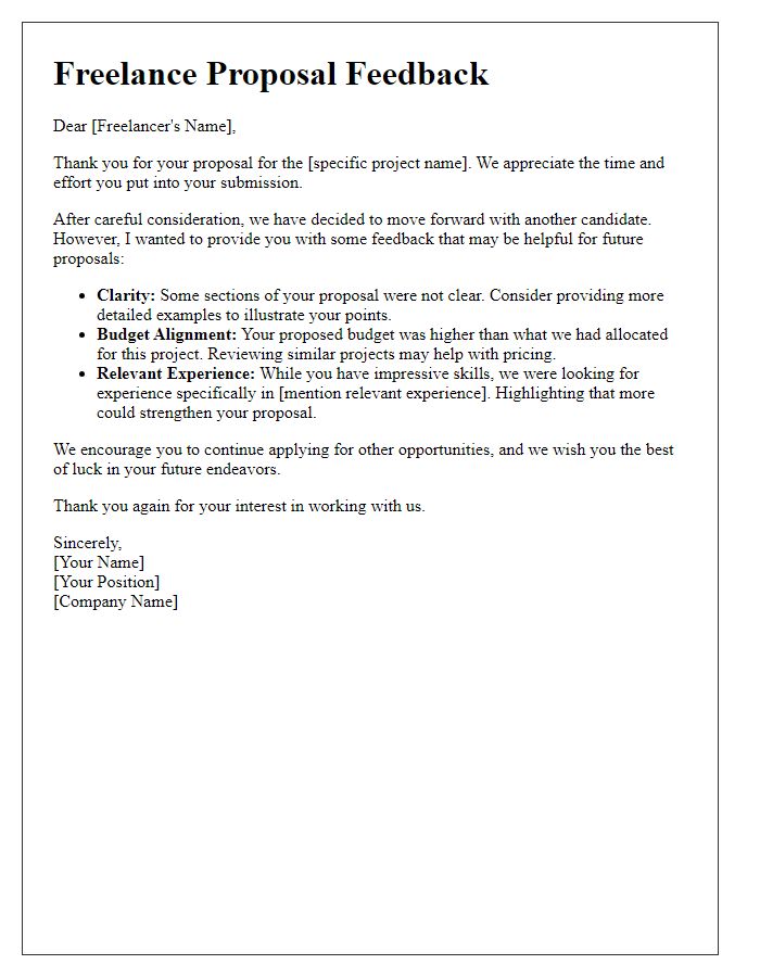 Letter template of constructive feedback for freelance proposal rejection.