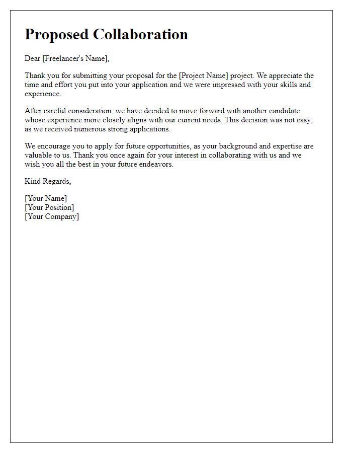 Letter template of courteous freelance proposal rejection.