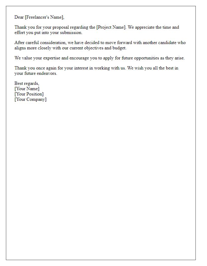 Letter template of formal freelance proposal rejection.