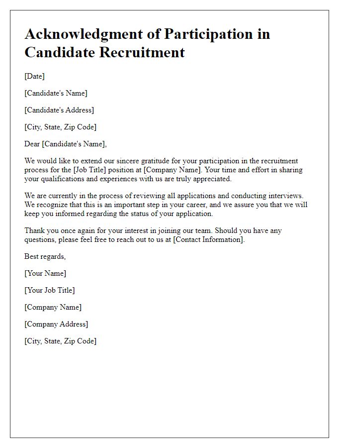 Letter template of acknowledgment for candidate recruitment participation