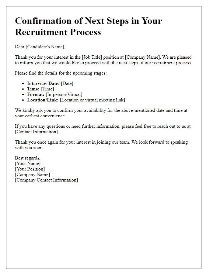 Letter template of confirmation for next steps in candidate recruitment