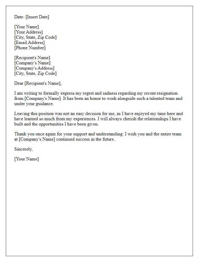 Letter template of expressing regret on resignation