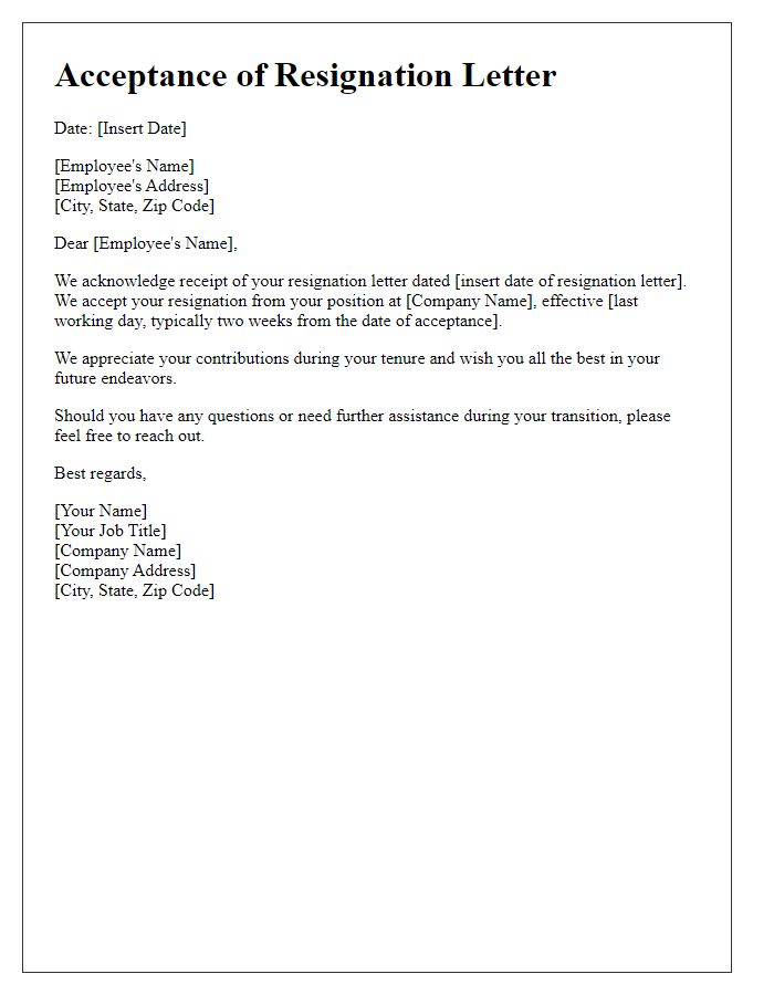 Letter template of formal acceptance of resignation