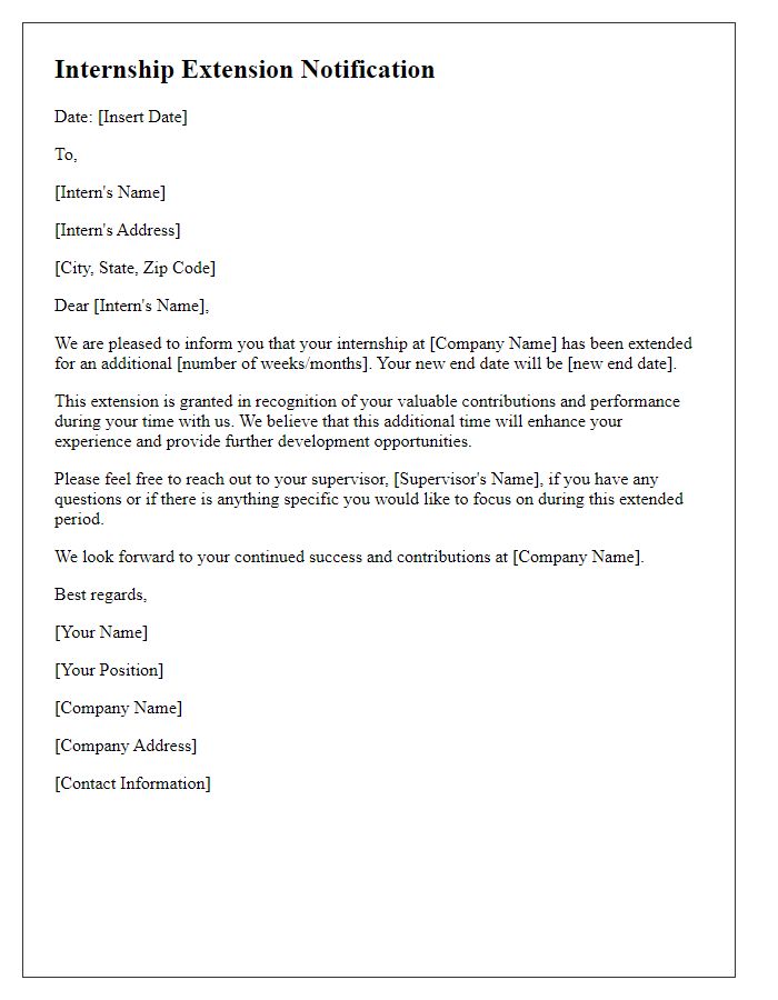 Letter template of notification for internship extension.