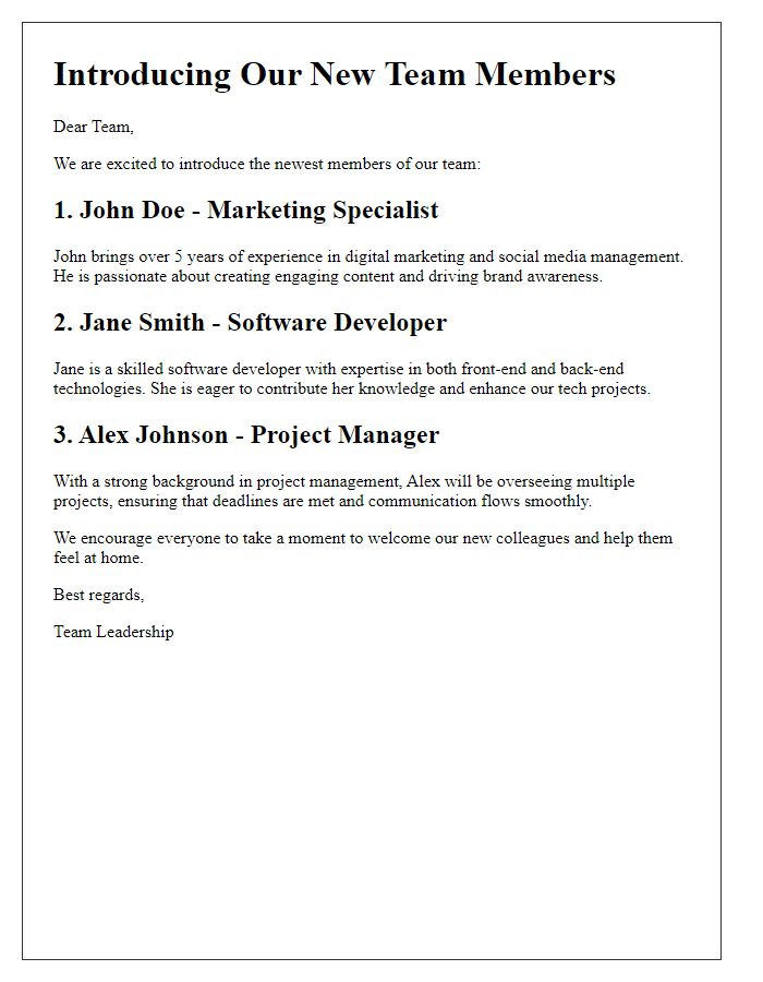 Letter template of presenting our latest team members