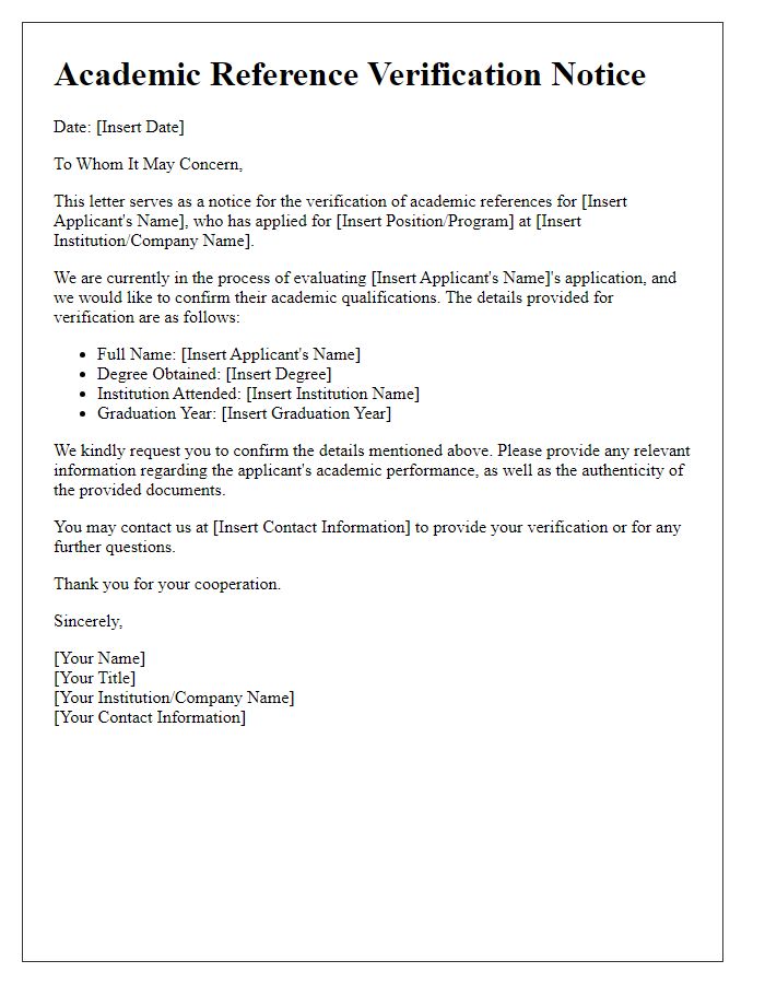 Letter template of academic reference verification notice