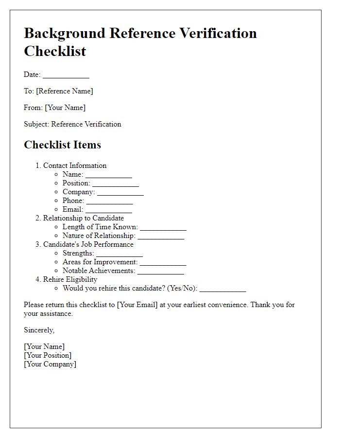 Letter template of background reference verification checklist