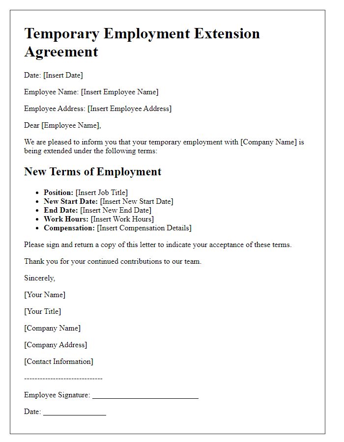 Letter template of agreement for temporary employment extension outlining new terms.