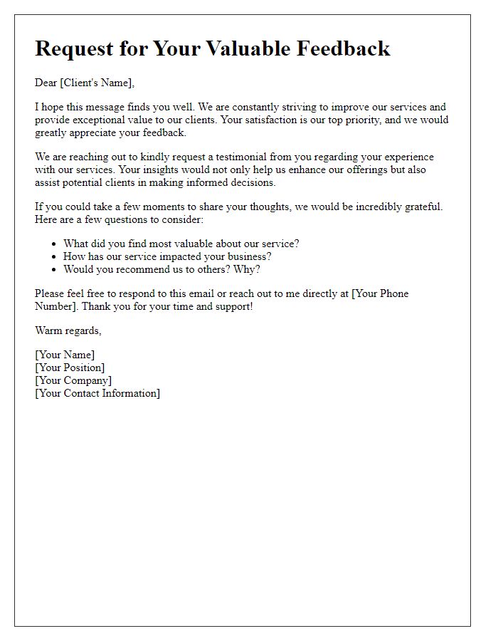 Letter template of request for client testimonials.