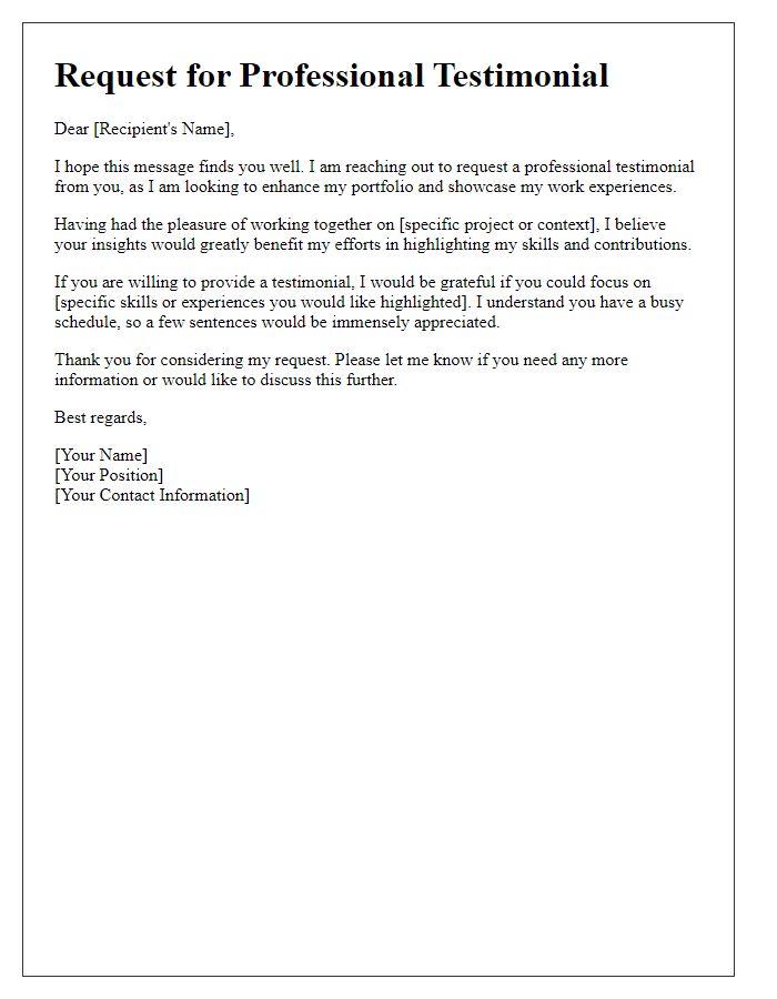 Letter template of request for professional testimonials.