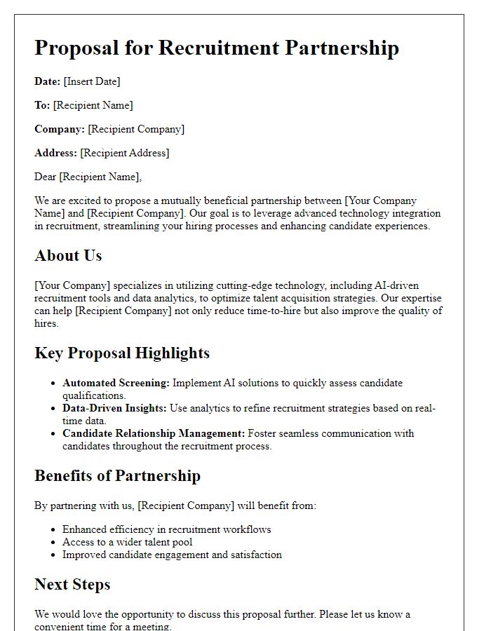 Letter template of a recruitment partnership proposal emphasizing technology integration in recruitment.