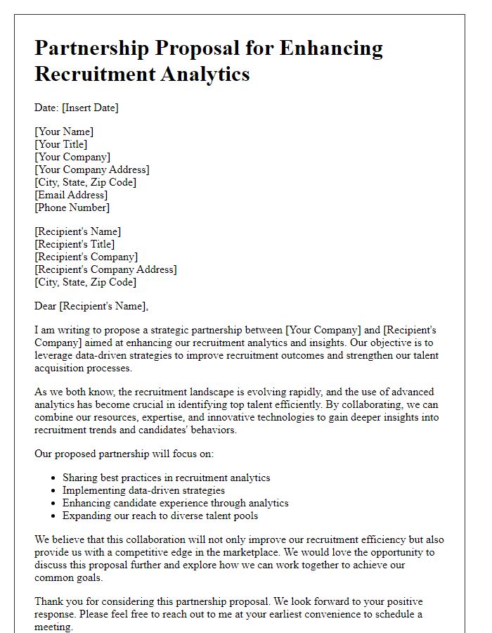 Letter template of a recruitment partnership proposal for enhancing recruitment analytics and insights.