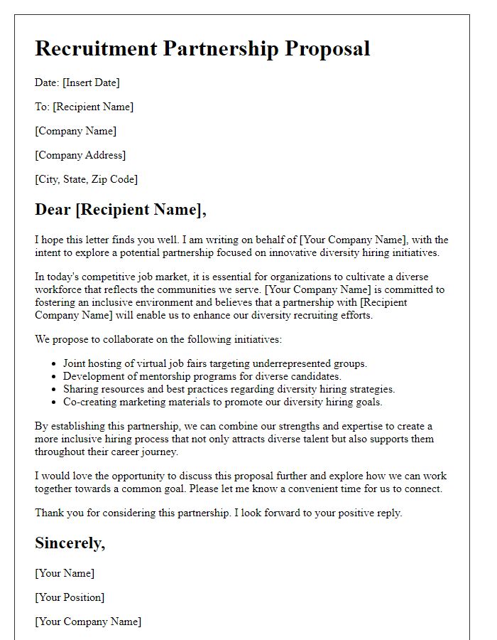 Letter template of a recruitment partnership proposal focusing on diversity hiring initiatives.