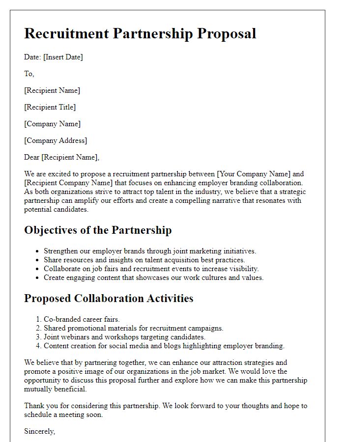 Letter template of a recruitment partnership proposal highlighting employer branding collaboration.