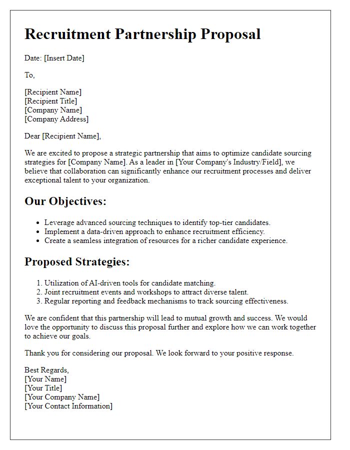 Letter template of a recruitment partnership proposal for optimizing candidate sourcing strategies.