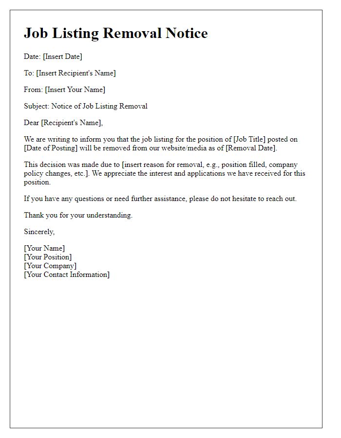 Letter template of job listing removal notice