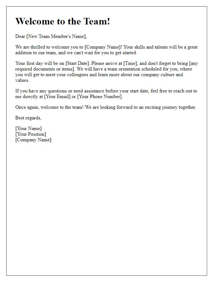 Letter template of onboarding new team members warmly.