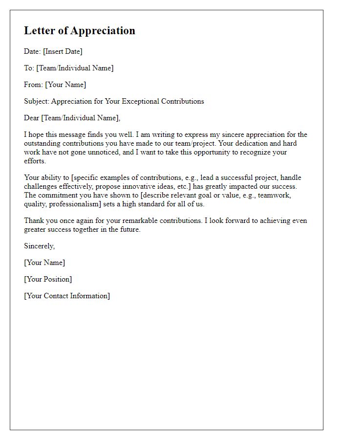 Letter template of appreciation for exceptional team contributions