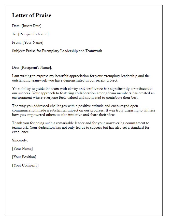 Letter template of praise for leadership and teamwork