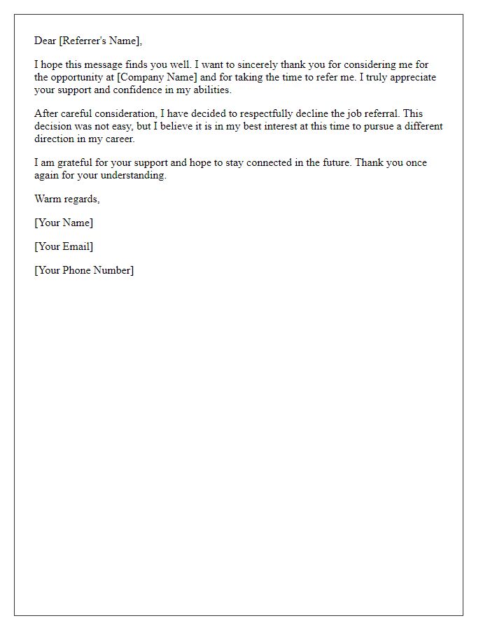 Letter template of respectfully refusing a job referral