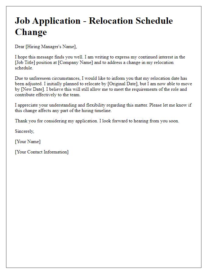 Letter template of job application addressing relocation schedule change