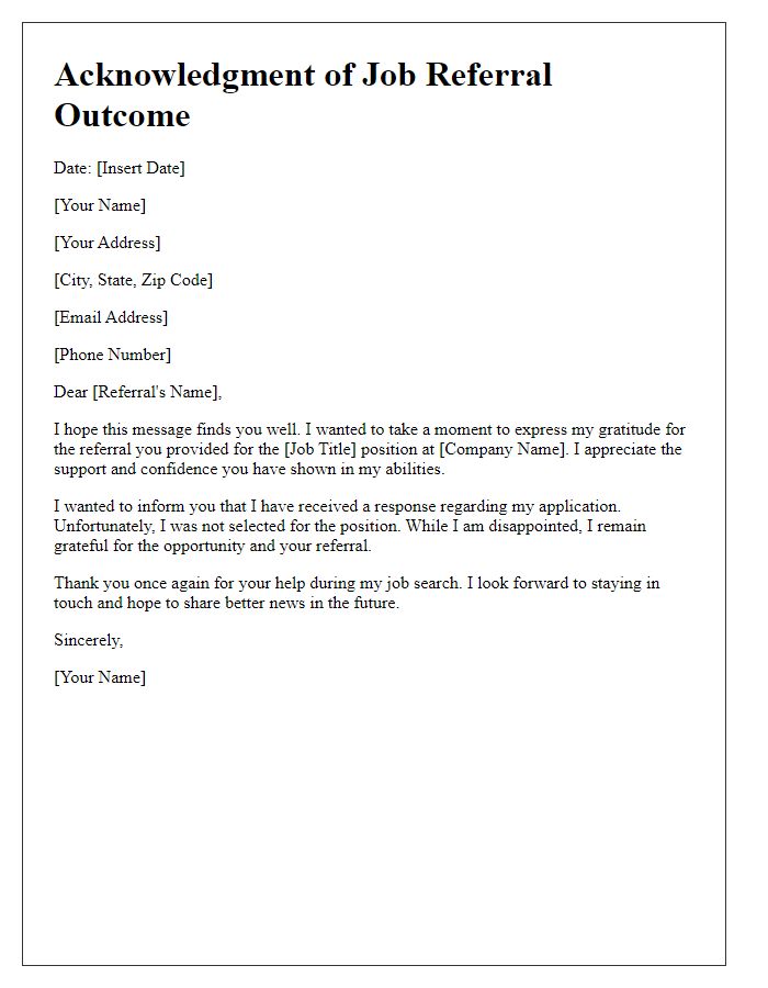 Letter template of acknowledgment for a job referral outcome