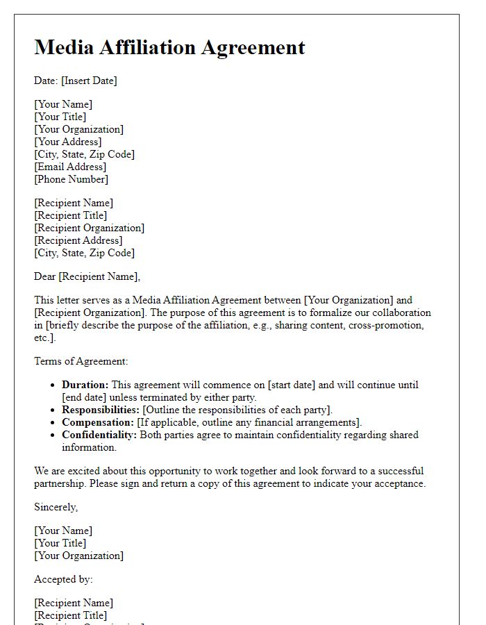 Letter template of Media Affiliation Agreement