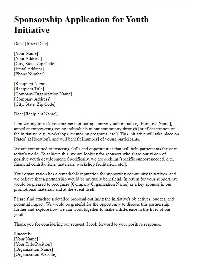 Letter template of sponsorship application for a youth initiative.