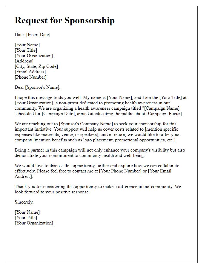 Letter template of sponsorship outreach for a health awareness campaign.