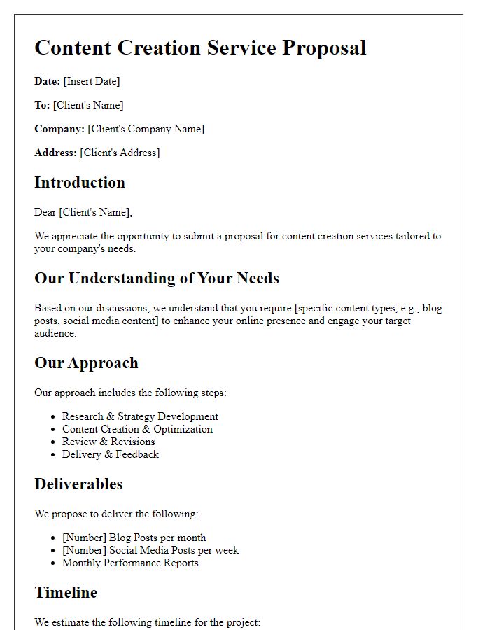 Letter template of agency service proposal for content creation.