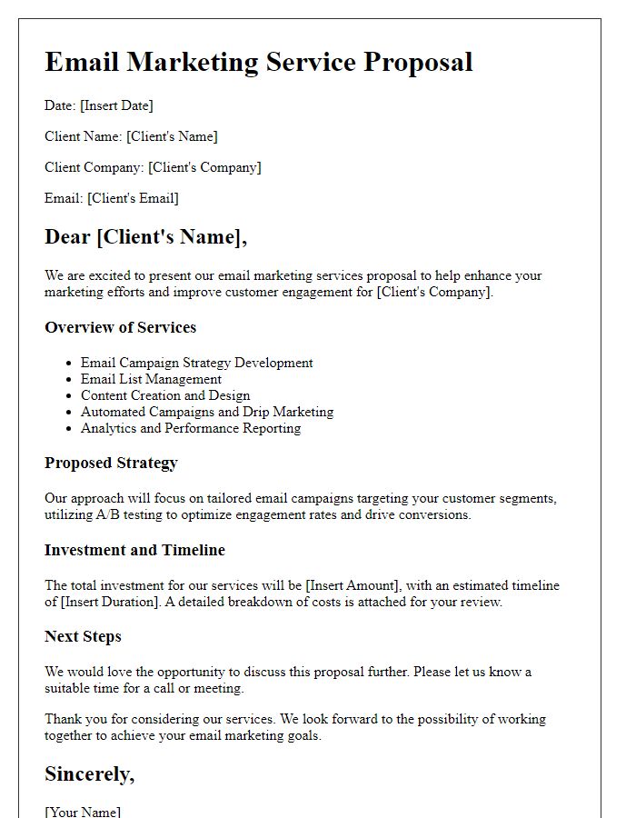 Letter template of agency service proposal for email marketing.