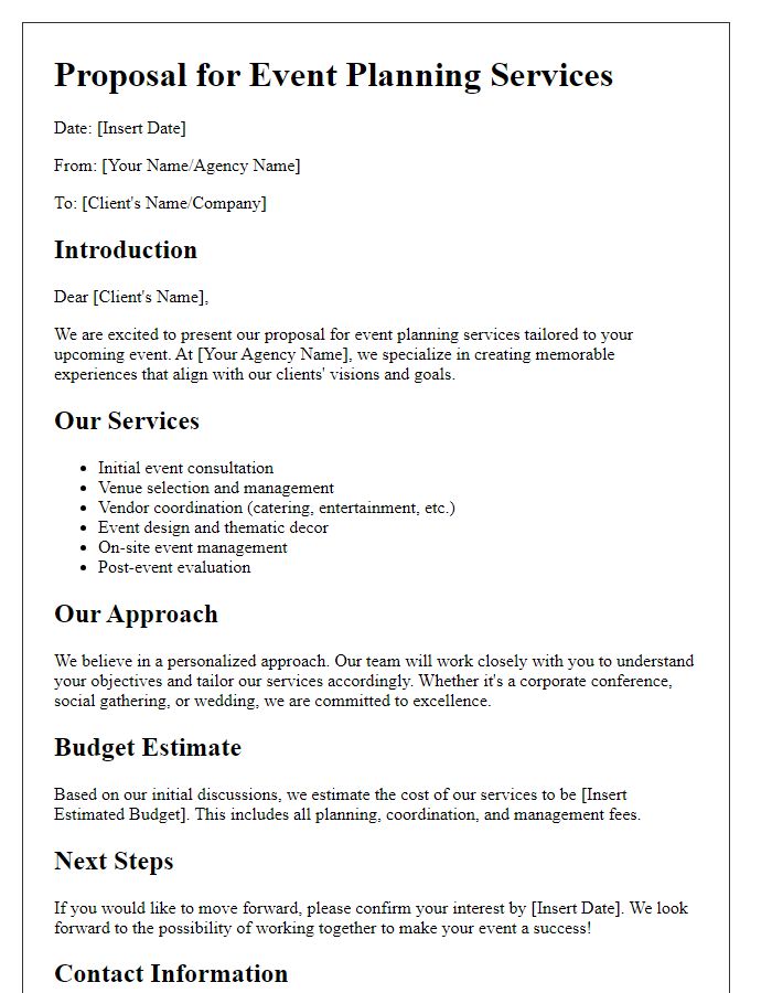 Letter template of agency service proposal for event planning.